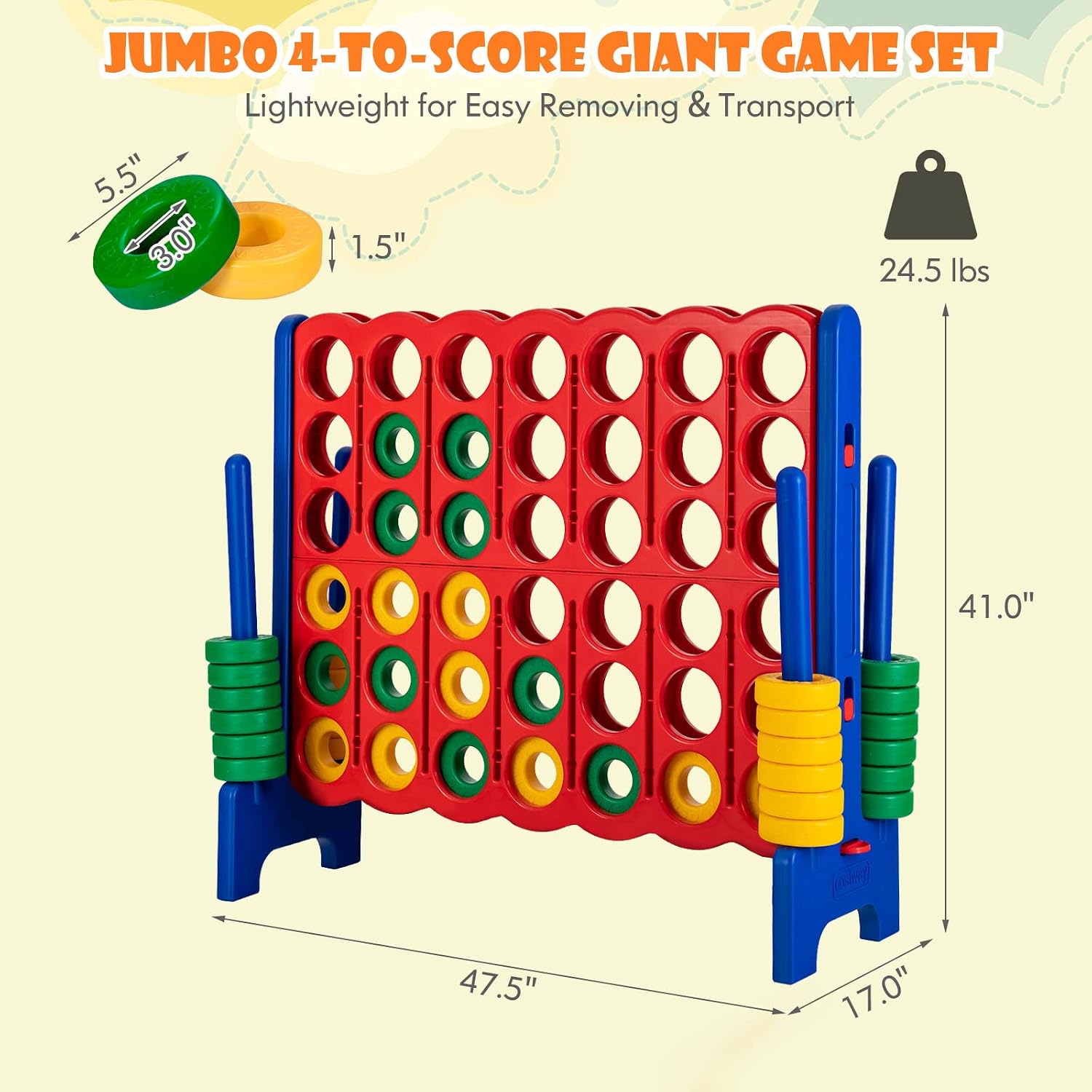 HONEY JOY Jumbo 4-to-Score Giant Game Set, Giant Outdoor Yard Games for Family, 42 Jumbo Rings & Quick-Release Slider, 3.5FT Tall Giant 4-in-A-Row for Kids & Adults