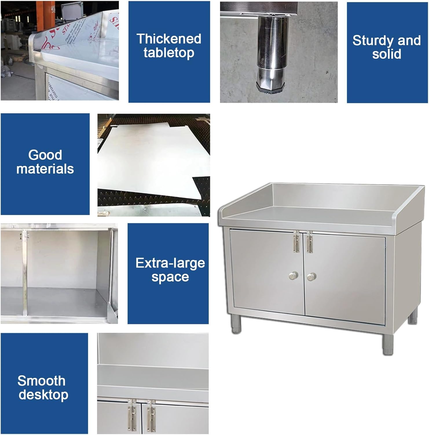 Double-Door Stainless Steel Workbench with 3-Sided Work Table for Kitchen Storage Features Extra-Large Capacitility and Adjustable Legs Countertop Reinforced with Multiple Cross-Beams