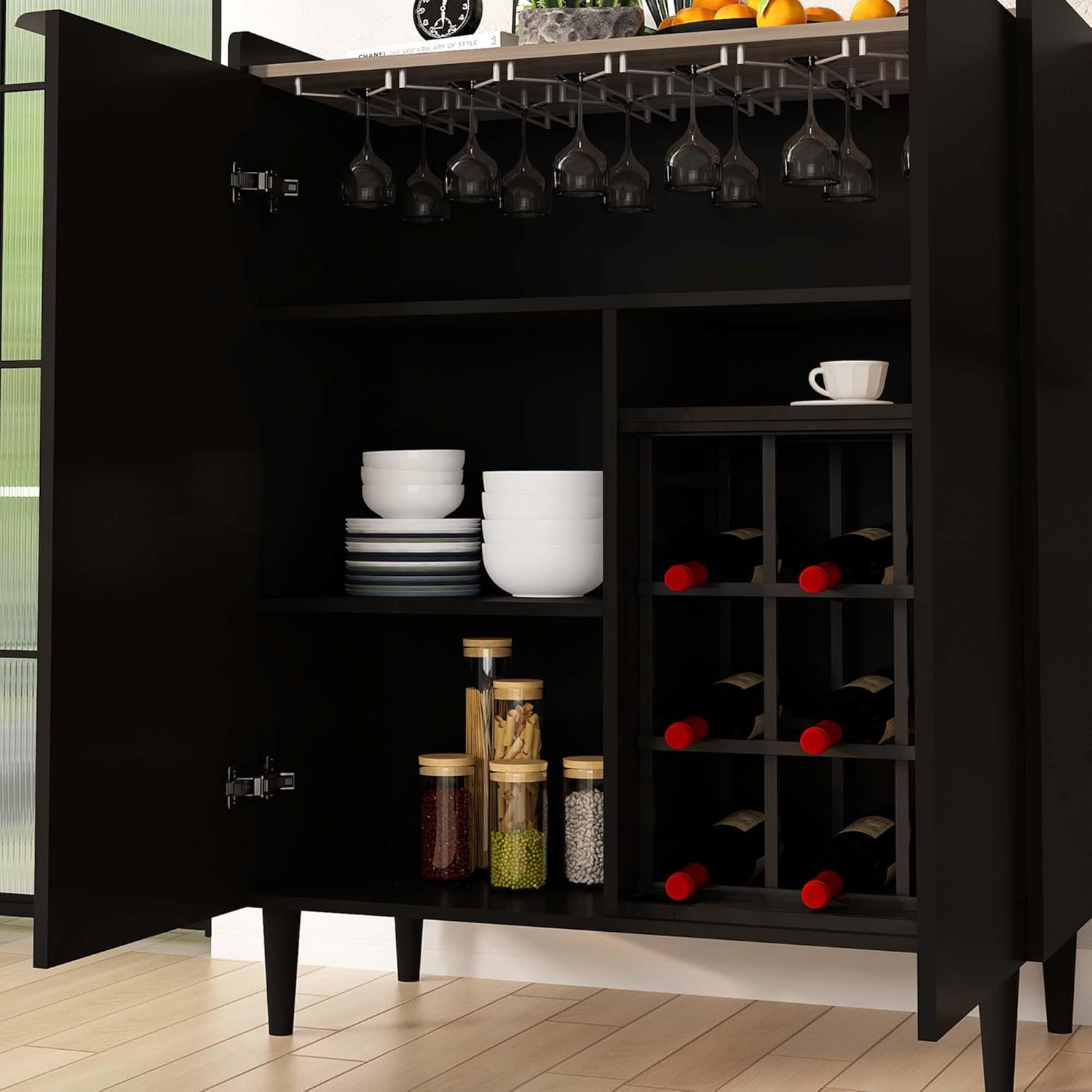 AWQM Wine Bar Cabinet for Liquor and Glasses, 37" Industrial Kitchen Coffee Liquor Cabinet Bar for Home with Removable Wine Racks, Black, 1 PCS