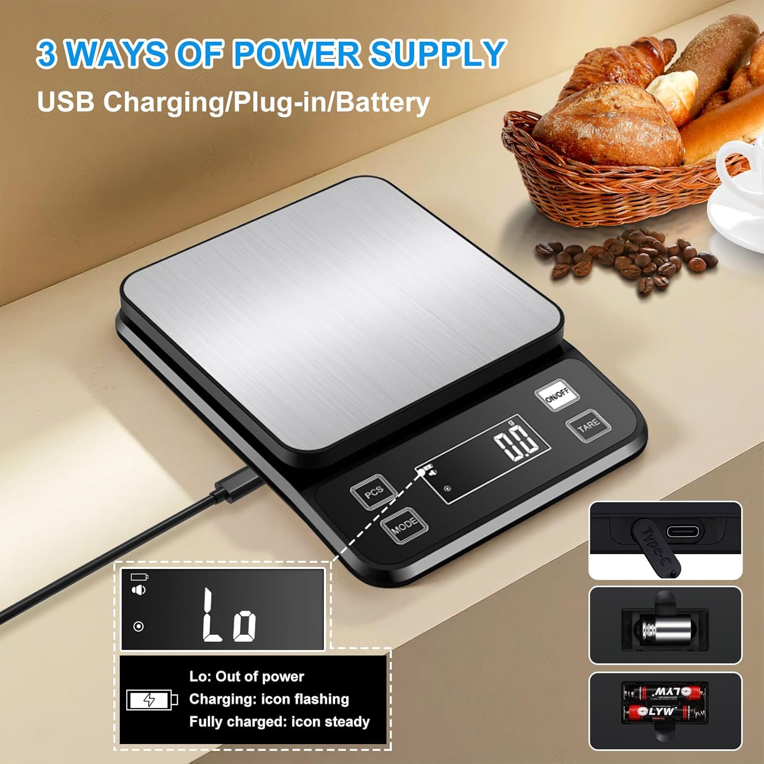 Diyife HMK25 Kitchen Scale connected via USB-C cable, showing battery indicator and AAA battery compartment