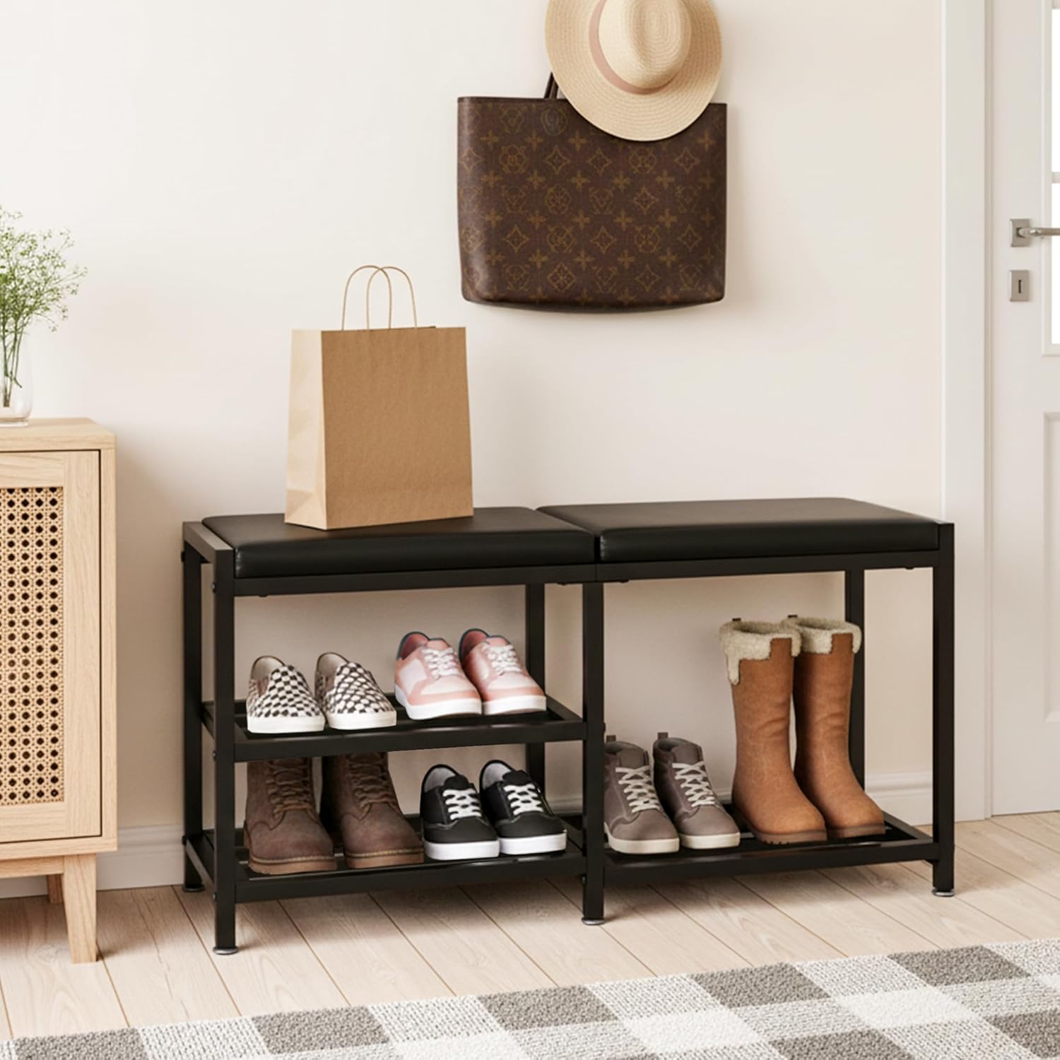 Shoe Rack Storage Bench for Entryway - Iron Shoe Rack with Bench for Entryway, Front Door Entrances or Bathroom, Space-Saving and Robust, Holds Up to 560 lb