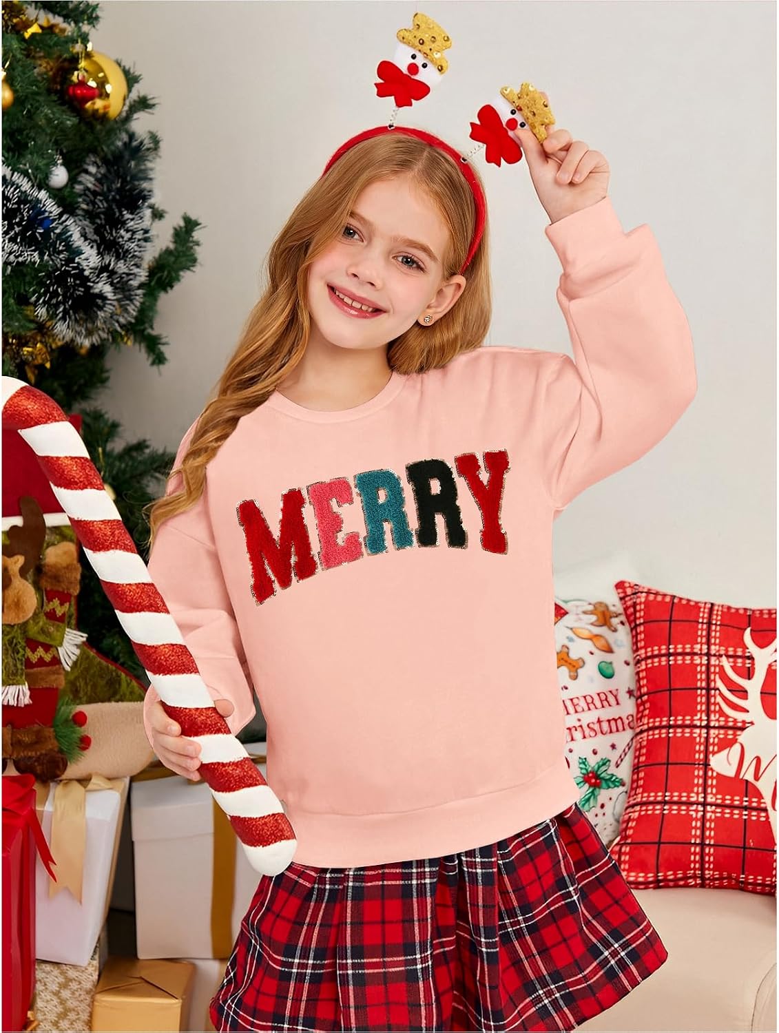 GLIGLITTR Kid Girl Christmas Sweatshirt Merry Long Sleeve Outfit Shirt Chenille Patch Xmas Holiday Crewneck Pullover Top 7-12