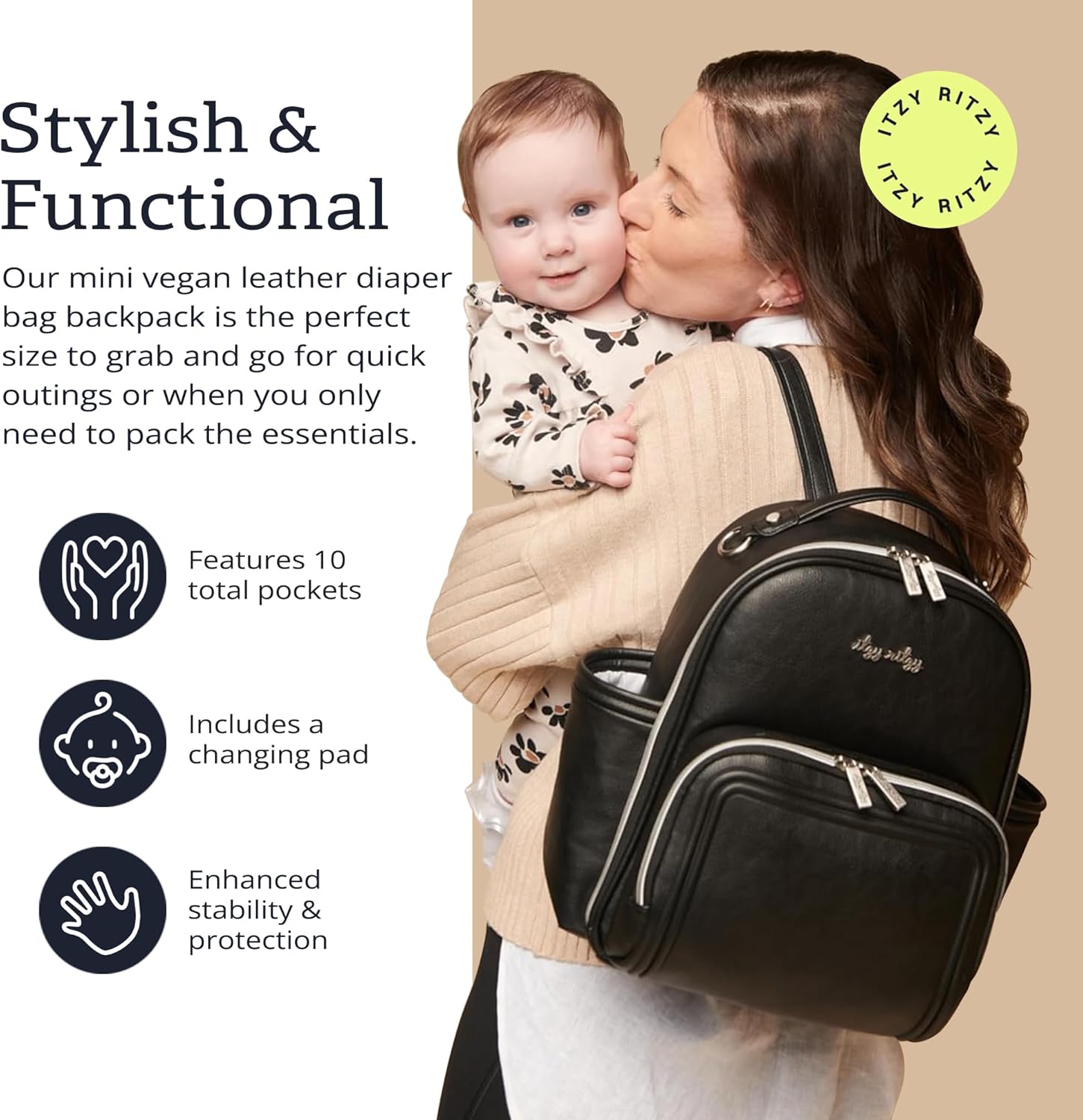 Itzy Ritzy Mini Diaper Bag Backpack – Chic, Compact Mini Plus Backpack with Changing Pad, 10 Pockets (6 Internal, 4 External), Grab-Top Handle & Rubber Feet (Black w/Silver Hardware) - Image 3
