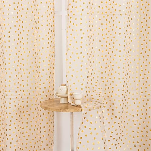 Deeprove Sheer Curtains 96 Inches Long 2 Panels Set, Gold Foil Metallic Polka Dots Print Window Treatments for Bedroom Living Room, Golden Bronzing Privacy Drapes Pair, 52" W x 96" L, Beige