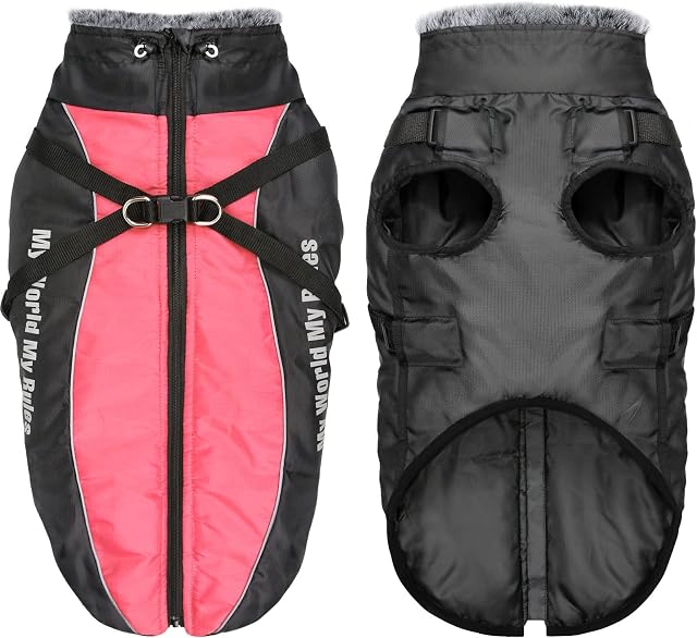 Taglory Dog Coat with Harness for Medium Large and Extra Large Dogs, Waterproof Warm Jackets for Dogs, Reflective Windproof Dog Clothes for Fall Winter, 5XL, Pink