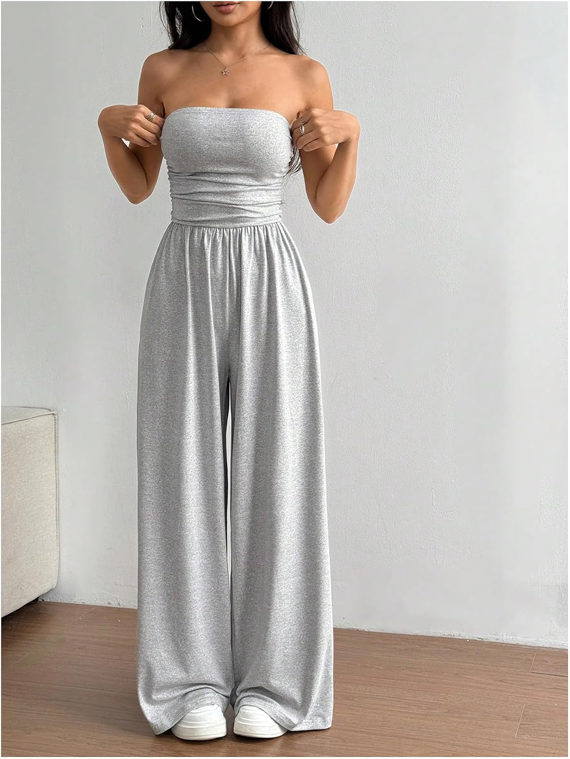 OYOANGLE Women's Strapless Jumpsuits Ruched Wide Leg Tube Romper Vacation Going Out Summer Outfits