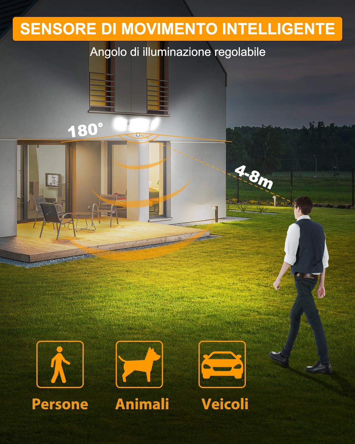 Lepwings Faretto Led da Esterno Solare con Cavo 5m, 426LED 2800LM Luci Solari con Sensore Movimento, 4400mAh Lampada Solare, 3 Modalità, IP65 Impermeabile, Adatto per Giardini, Garage, Vialetti