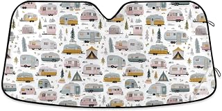 Car Windshield Sun Shade Cute Camping Bus Pattern Reflective Sunshade for Ultimate Protection Fits Small Sedans, Mini SUVs, Hatchbacks