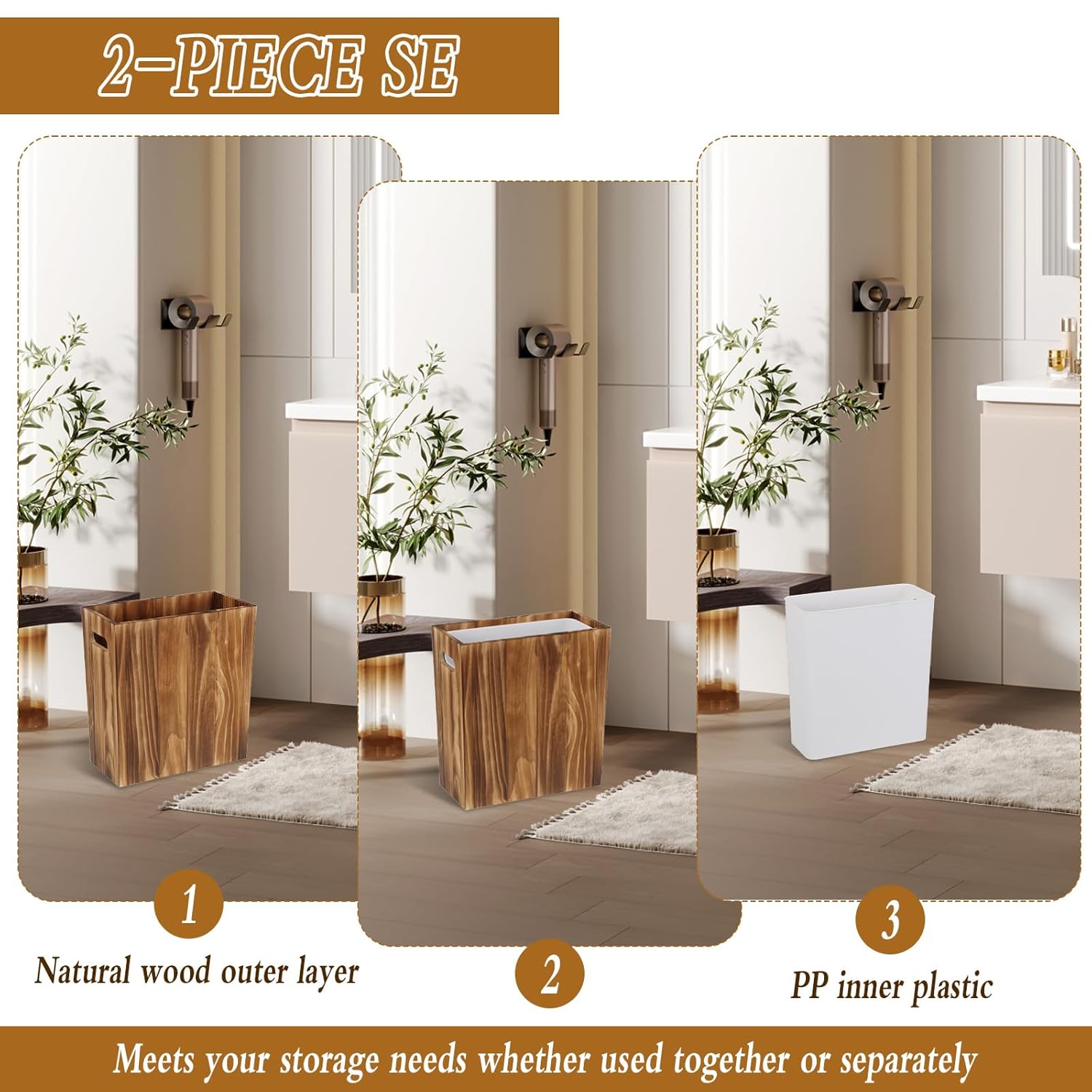 3 Gallon Wooden Trash Can with Liner Small Solid Wood Waste Basket with Handles Trash Can Narrow Garbage Decorative Wastebasket for Bedroom Bathroom Kitchen Living Room Office Decorative