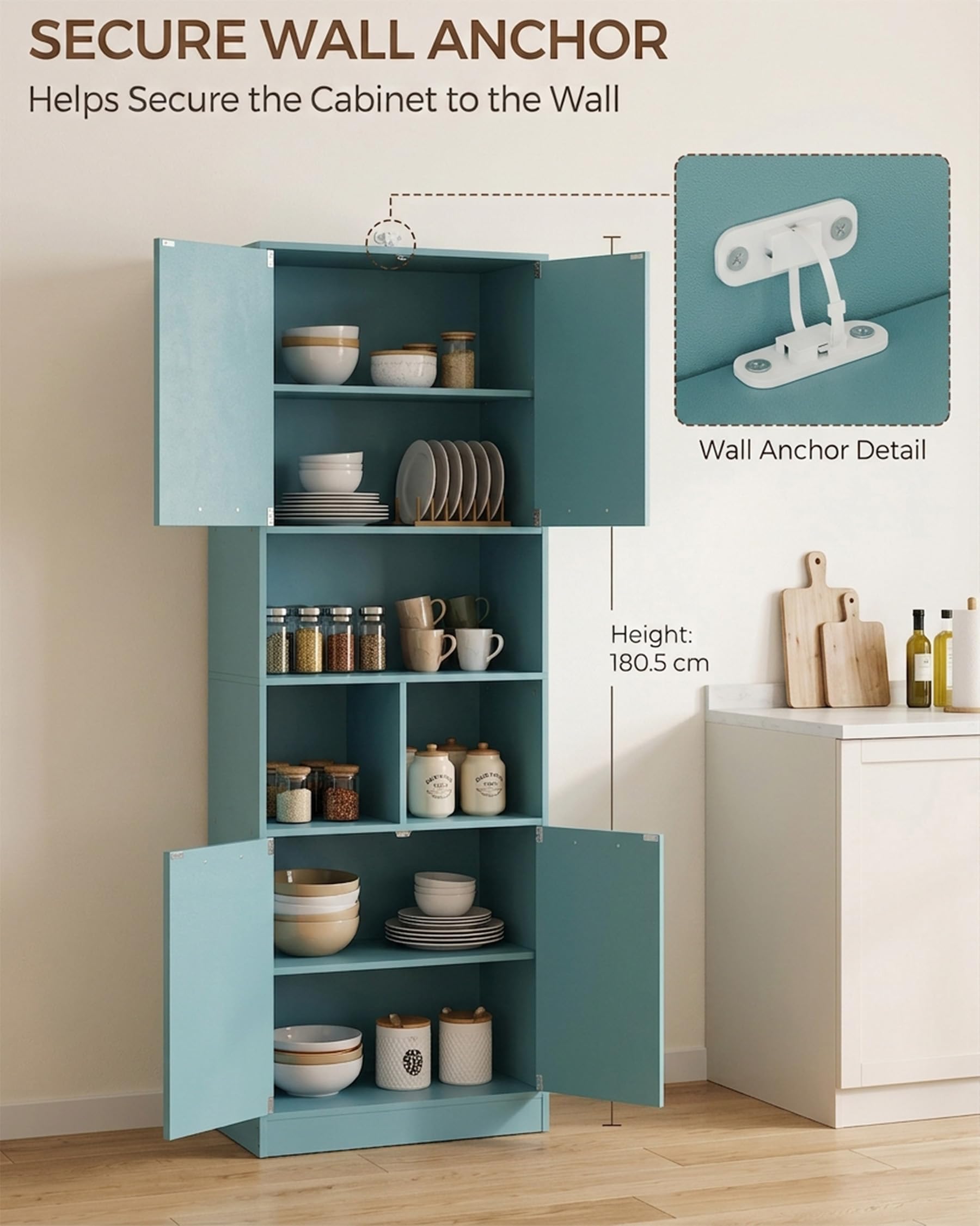 Mobile Cucina 60x40x180.5cm Credenza con Ripiani Regolabili Armadio Salvaspazio per Cucina Soggiorno Bagno Verde