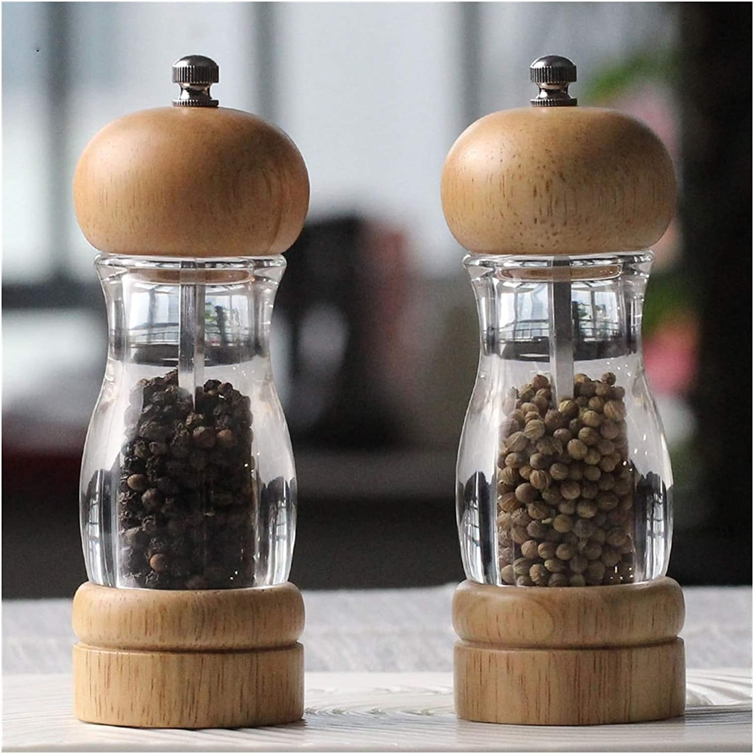 Salt and Pepper Grinder Mills,Manual Adjustable Oak Acrylic Spice Seasoning Grinder,Easy Use Kitchen Grinding Tools,2-Piece Set Grinding