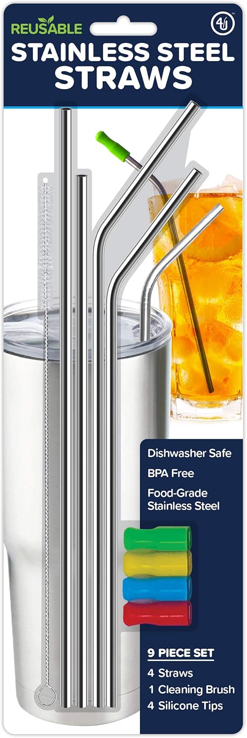 Stainless Steel Reusable Straw Set of 4 with 4 Removable Silicone Tips and 1 Cleaning Brush, Dishwasher Safe, 9.5 Inches Long, Set of 4 (Silver)