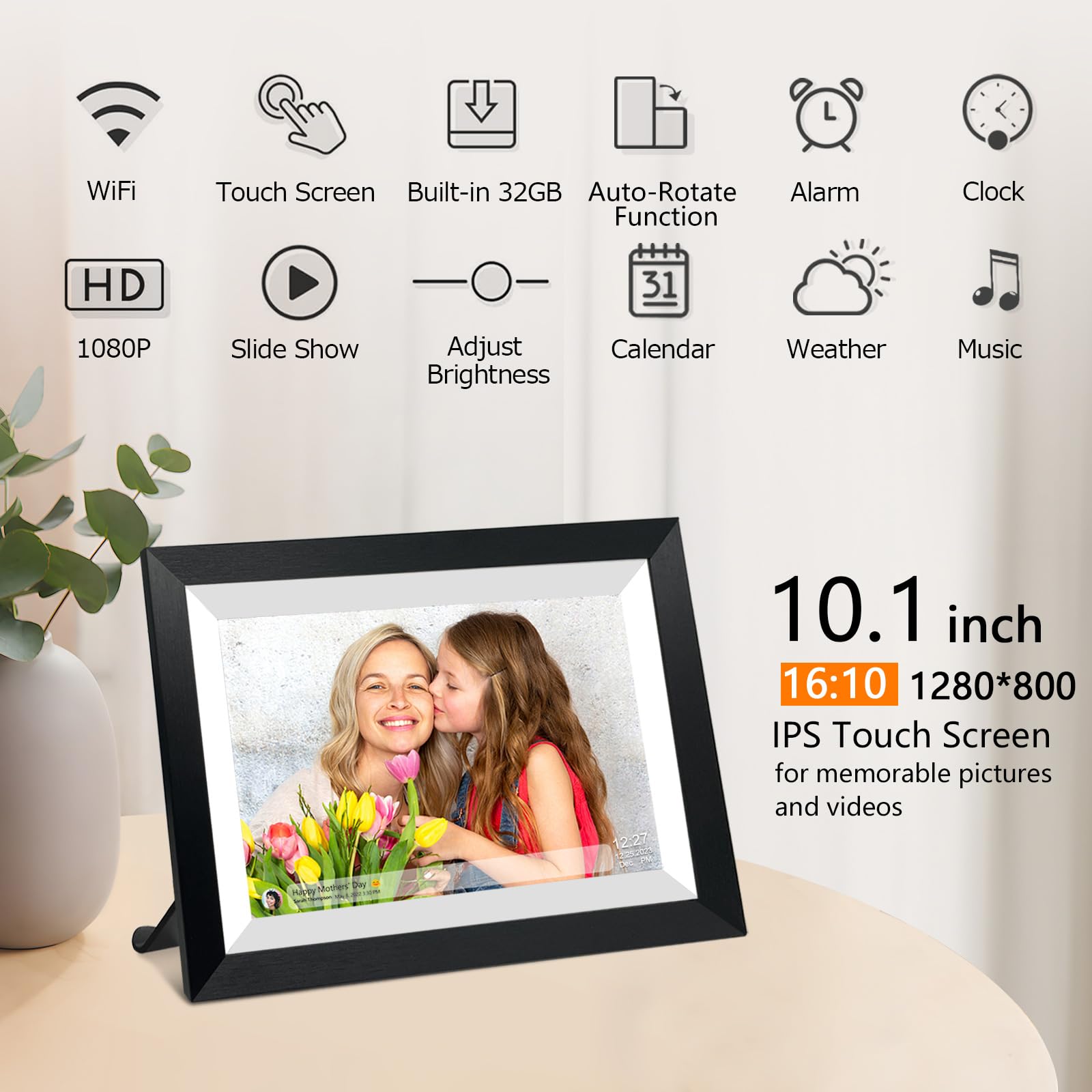 32GB 10.1 Inch WiFi Digital Picture Frame with 1280x800 HD IPS Touch Screen, Send Photo or Videos via App or Email,Support USB Drive/SD Card Extend Storage,Auto-Rotate,Wall Mountable