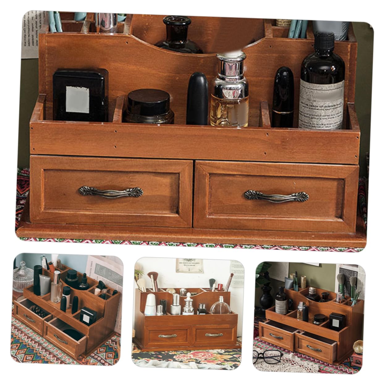 Organizer per Scrivania in Legno Stile Vintage Cassetti a 2 Scomparti, Grande Capacità e Multifunzionale per Gioielli e Cosmetici come Organizer da Scrivania