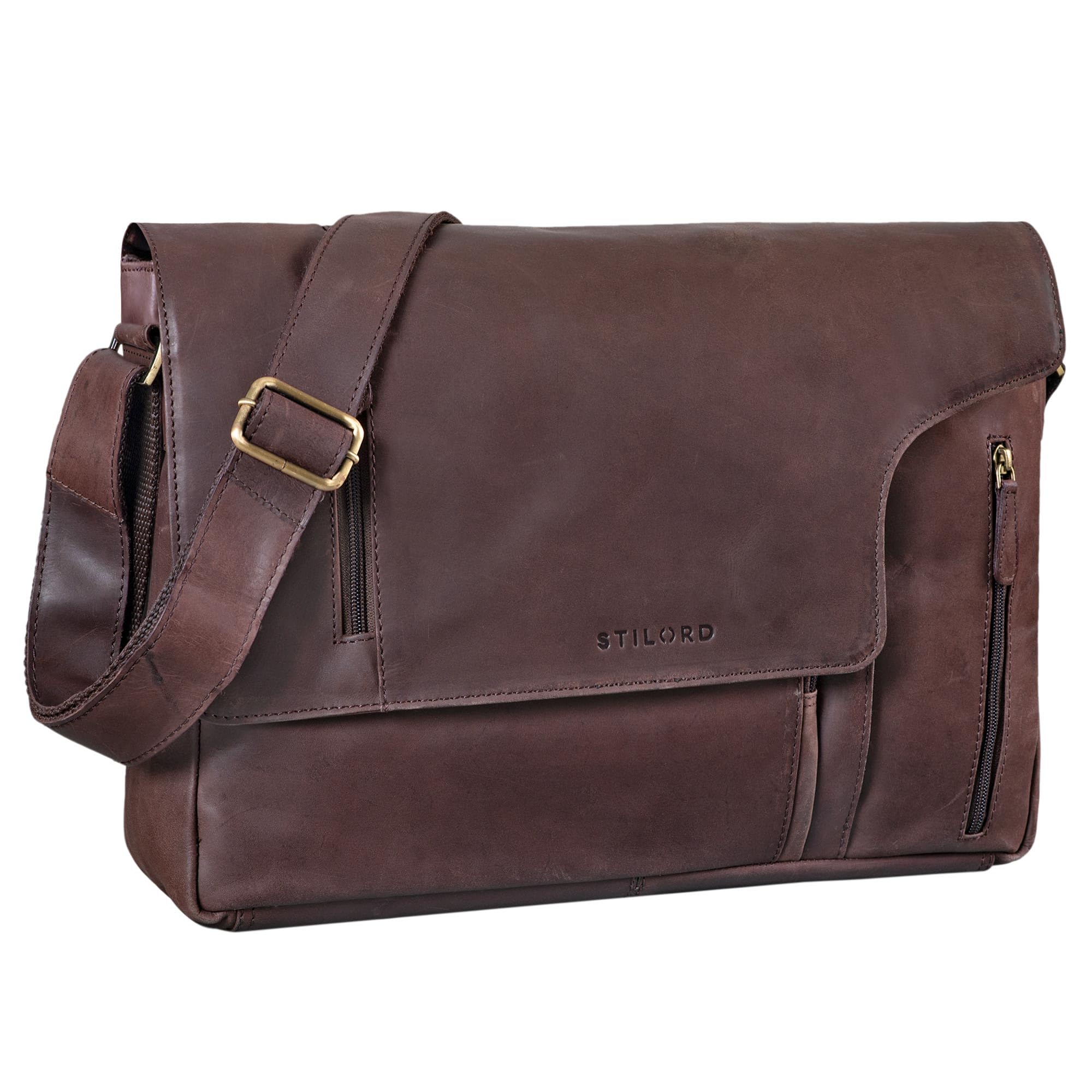 STILORD 'Enrico' Lederumhängetasche Herren Vintage Messenger Bag mit 15.6 Zoll Laptopfach Aktentasche große Arbeitstasche aus echtem Leder, Farbe:matt - dunkelbraun