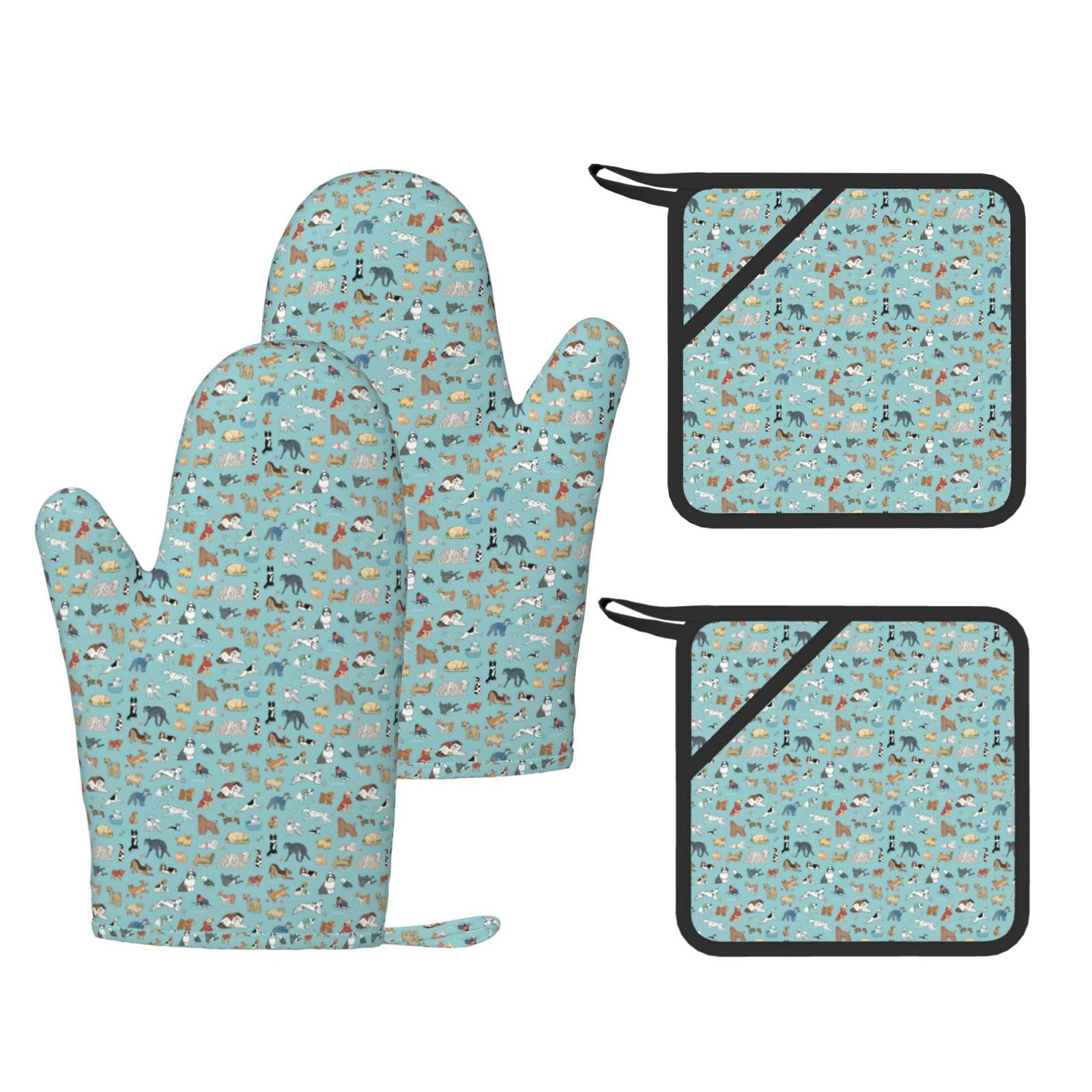 Nimongt Black Dogs Print Heat Resistant Gloves Pads Reusable Kitchen Set Oven Baking Grilling Cooking