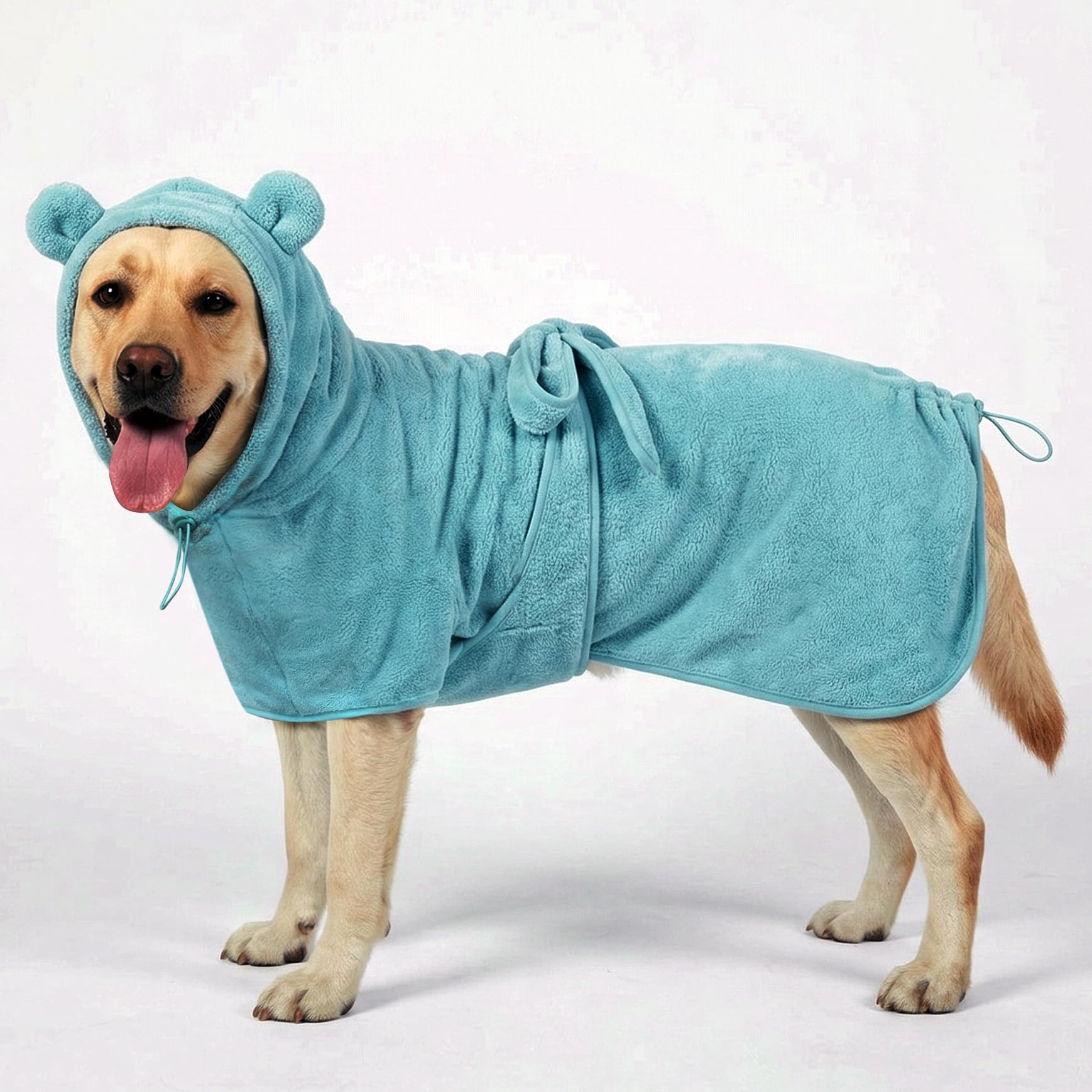 Peignoir pour chien de taille moyenne à grande, séchage rapide, super absorbant, serviettes chaudes, capuche et ceintures réglables pour produits de bain pour chiens (bleu, L)