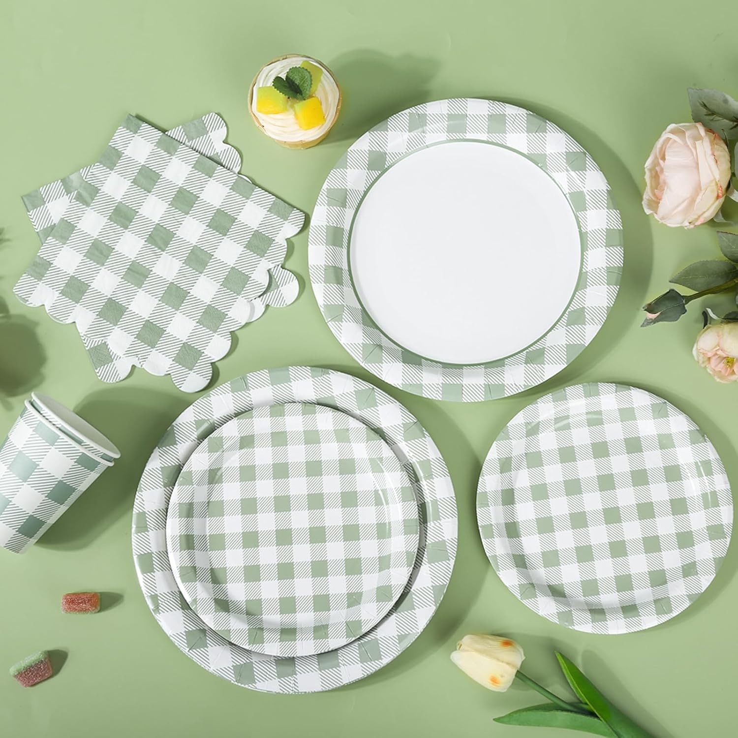 175Pcs Sage Green Gingham Party Supplies Green Gingham Paper Plates and Napkins Greeny Plaid Plates Disposable Sage and White Plaid Party Decor for Birthday Family Picnic BBQ,Serves 25 Guests - Image 5