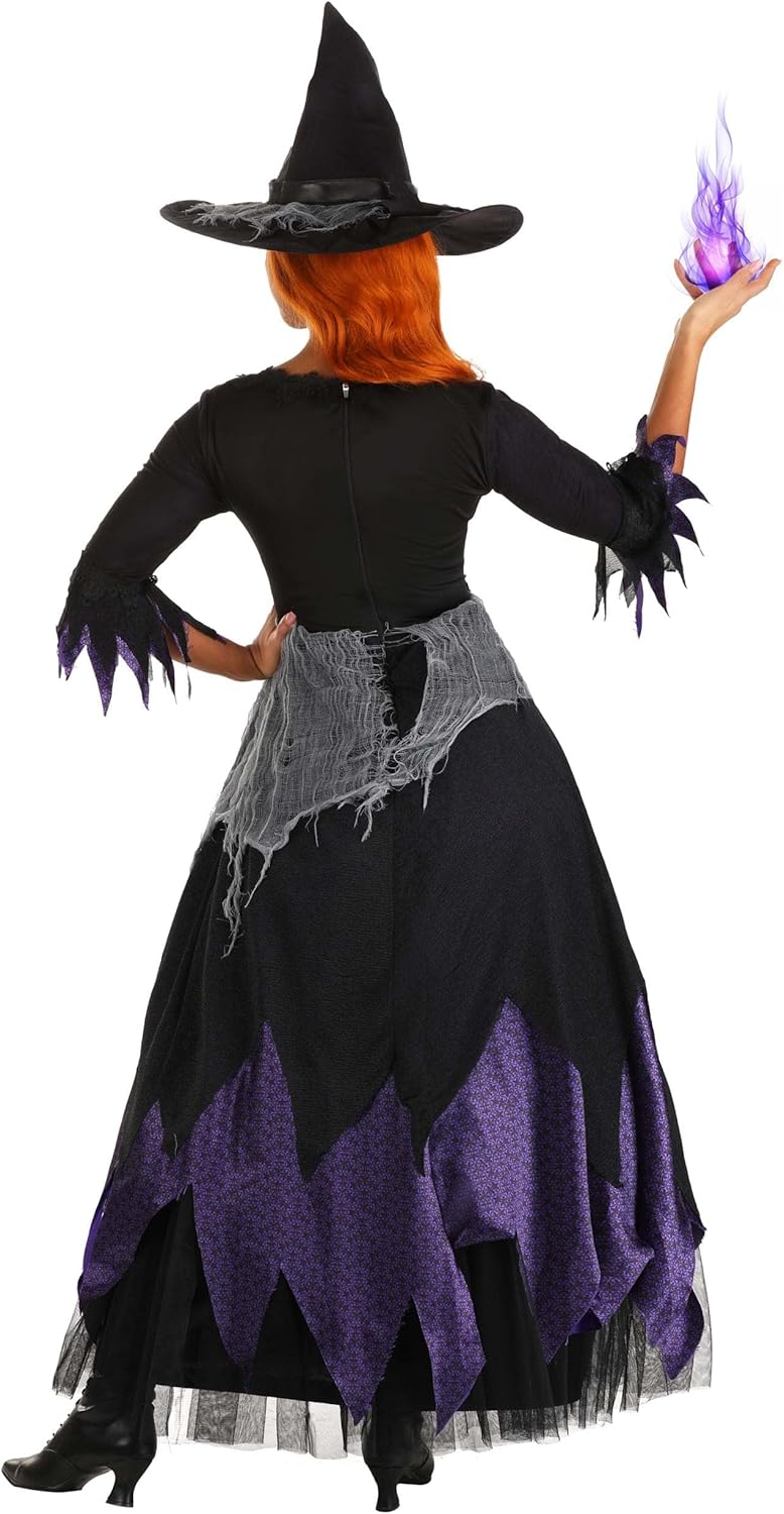 Midnight Purple Witch Women's Costume Ankle-Length Gown, Tattered Sleeves, Cheesecloth Skirt, Witch Hat