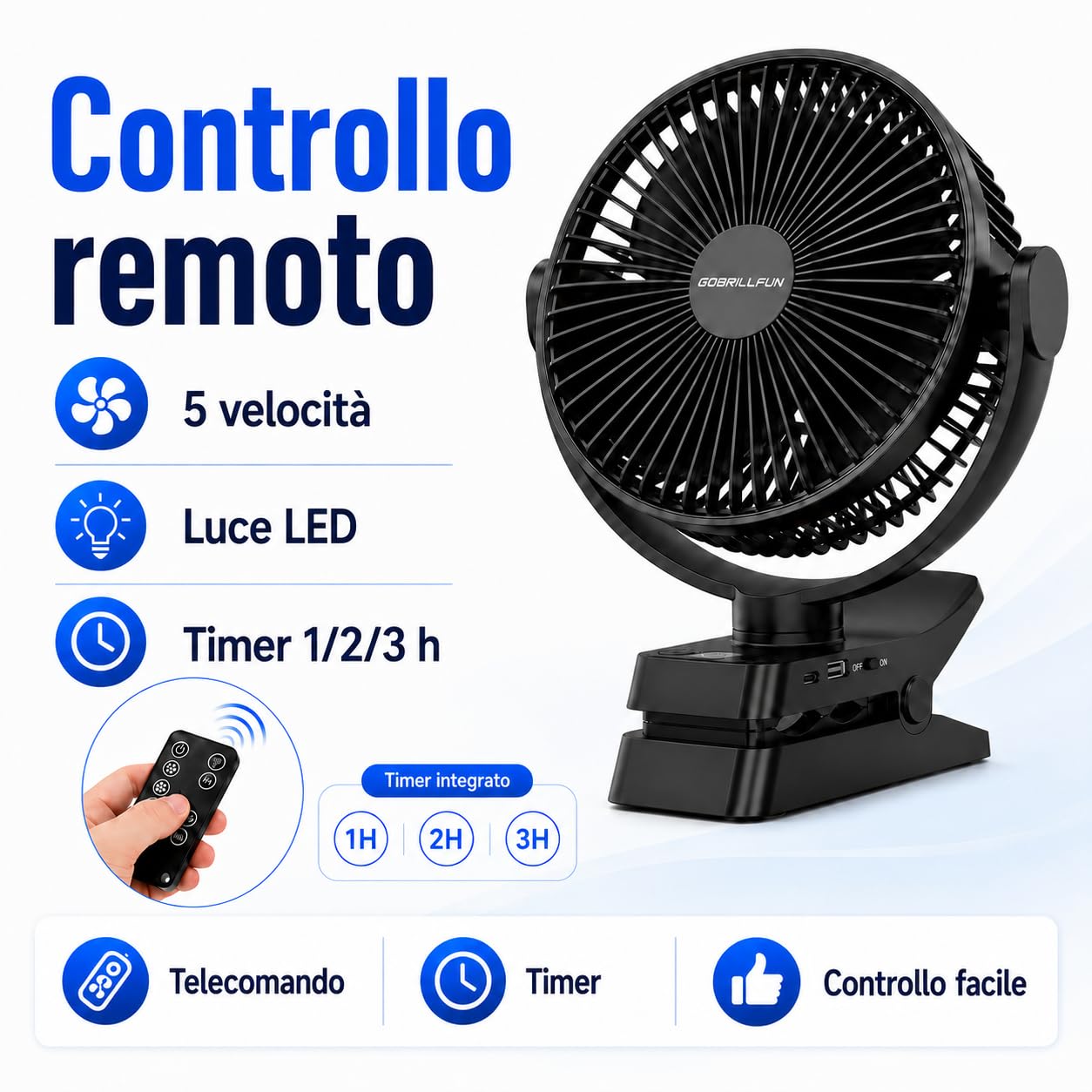 Ventilatore a clip da 12000 mAh con telecomando, ricaricabile tramite USB con luci LED, ventilatore a batteria con 5 velocità per ufficio, viaggi all'aperto, campeggio, tenda (8,3 pollici)