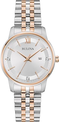 Bulova Reloj clásico de cuarzo con fecha y calendario de 3 manecillas de acero inoxidable dorado de dos tonos para mujer