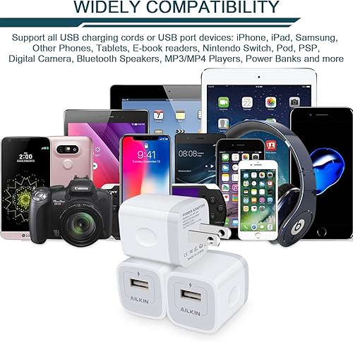 Miniatura 7 de Cargador USB, bloque de cargador para iPhone, paquete de 3 unidades de un solo puerto para iPhone, adaptador de corriente USB de pared, enchufe de