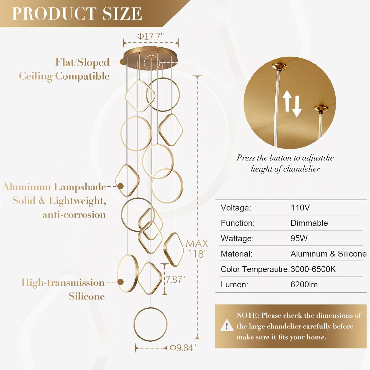 Gold Long Chandeliers Lighting for High Ceiling Modern 14-Light LED Chandeliers for Foyers Entryways Staircases Living Rooms Dimmable with Remote Control Large Long Chandelier 3000-6500k