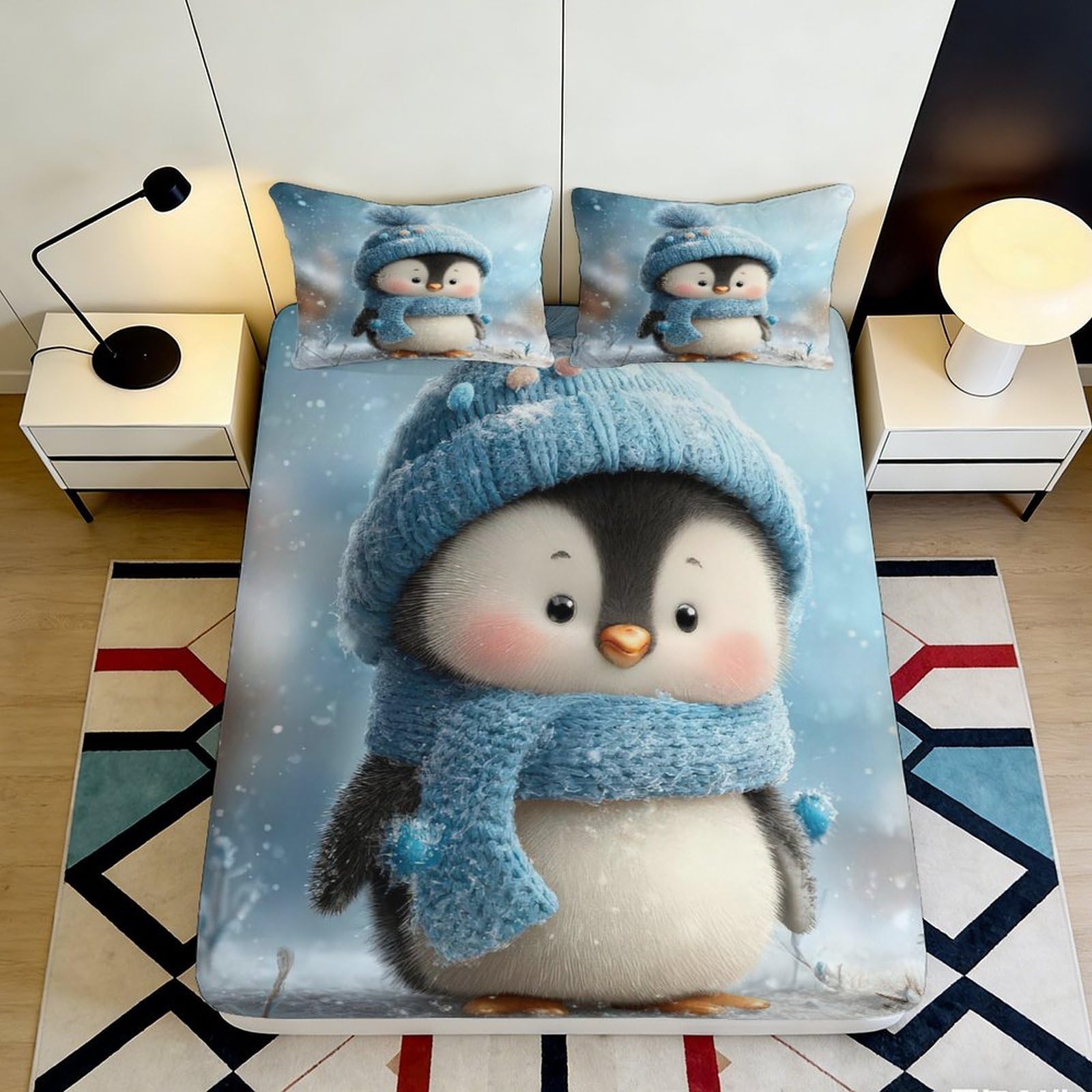 3D Printed Cute Penguin Fitted Sheet Microfiber Soft Breathable Winter Pattern Bed Cover for Bedroom Dormitory Guest Room Mattress Protection 140x200x25cm