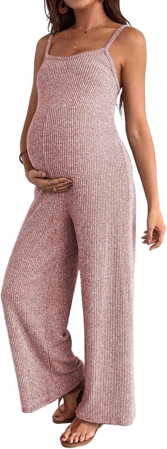 BLENCOT Maternity Ribbed Jumpsuit Sleeveless Square Neck Wide Leg Stretchy One Piece Romper