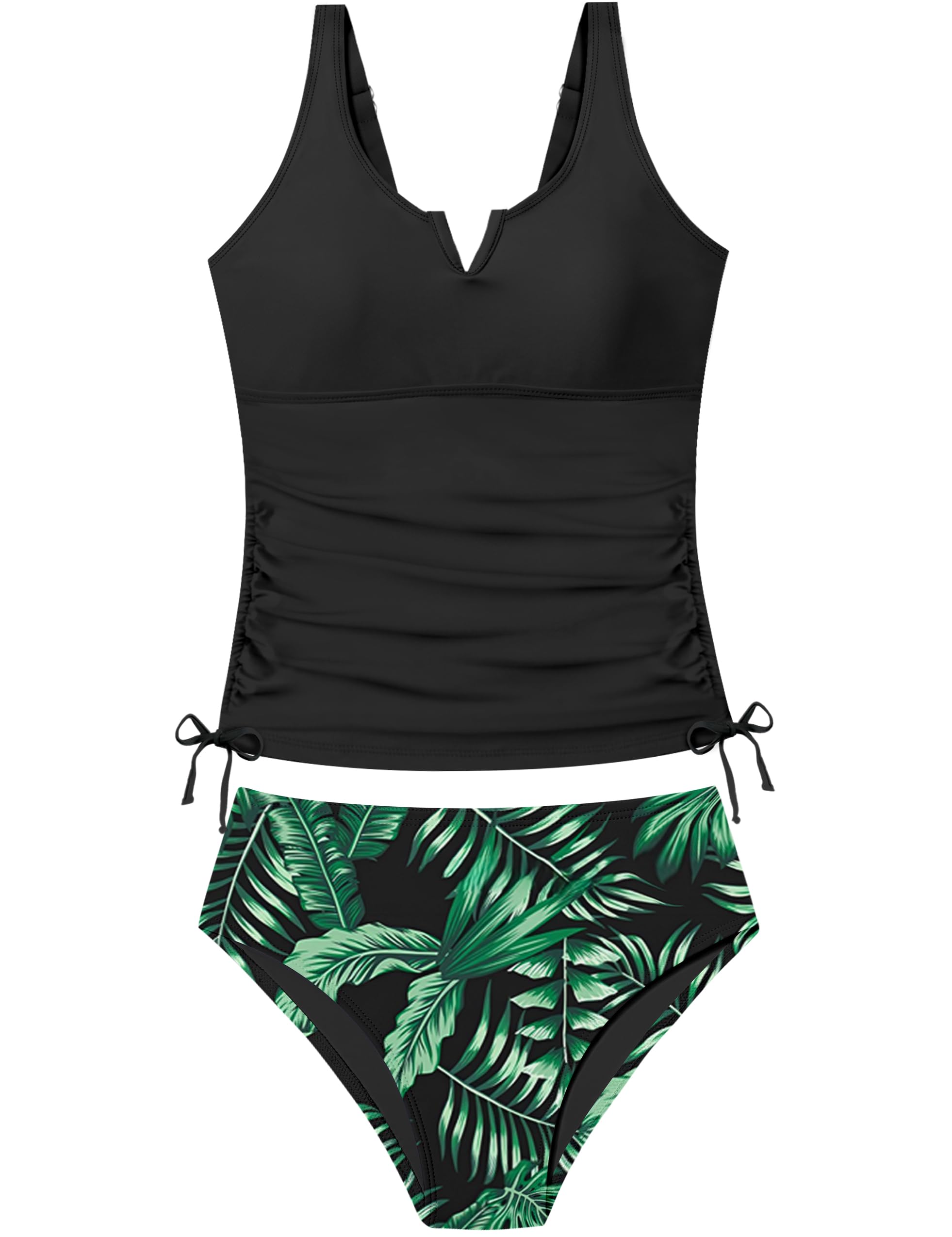 Girls Tankini Swimsuit Two Piece Bathing Suit Tropical Print V-Wire Drawstring Swimwear Set for Girls 9-16 Years