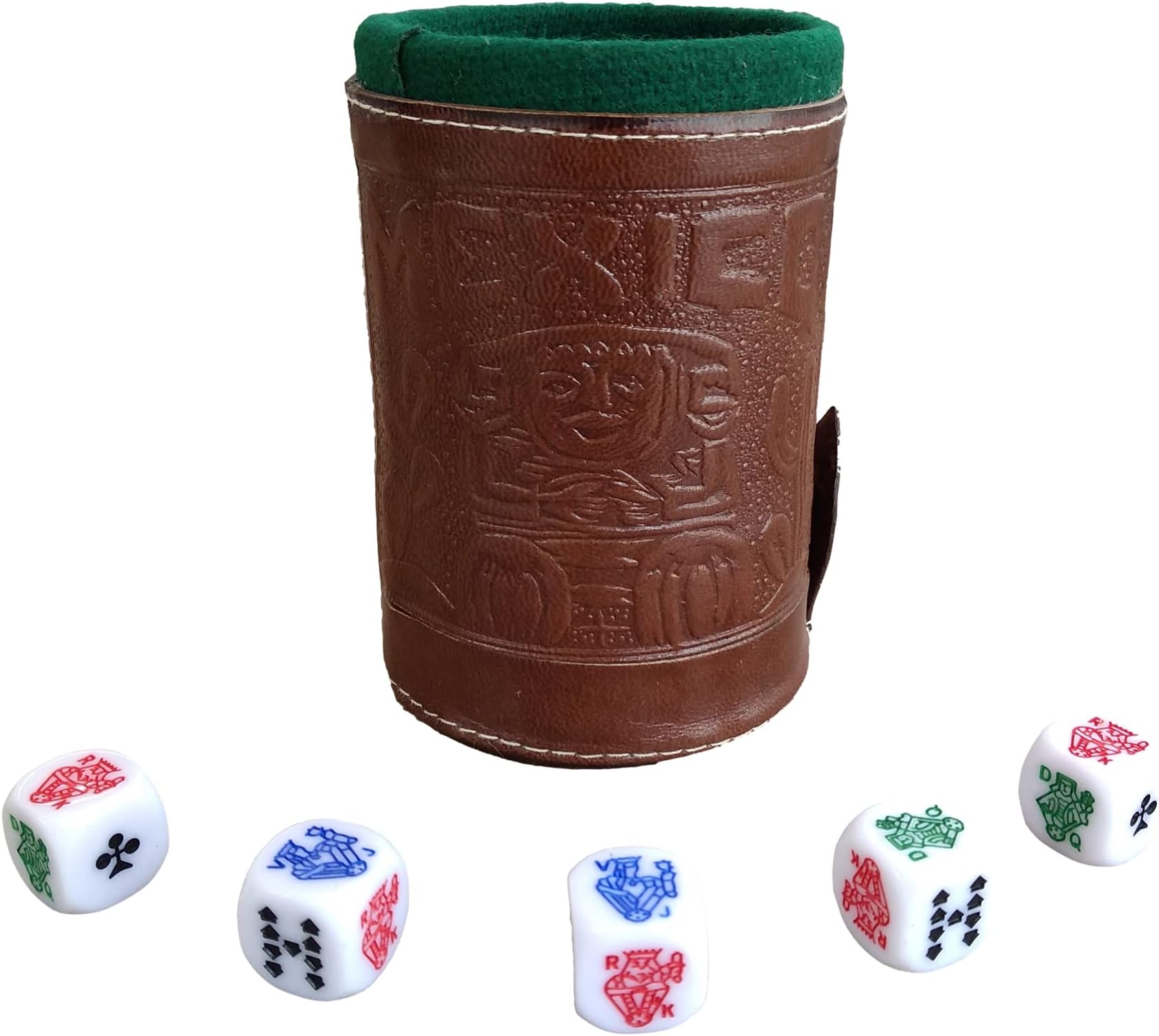 Marquez Poker Dice Game Set with Leather Lined Cup (Cubilete), Brown, 3.1'' W x 3.5'' H, 5 Dice, Ages 72+ (Spanish)