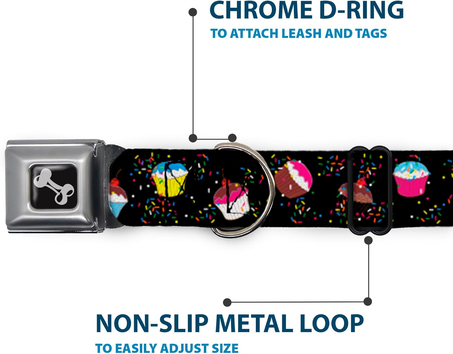 Buckle-Down Seatbelt Buckle Dog Collar - Cupcake Sprinkles Black/Multi Color - 1" Wide - Fits 11-17" Neck - Medium