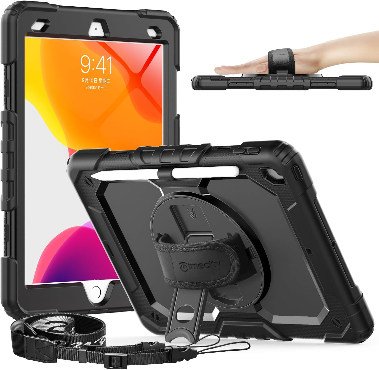 Timecity Case for iPad 9th/ 8th/ 7th Generation, Case for iPad 10.2-Inch 2021/ 2020/ 2019 with Screen Protector Pencil Holder Kickstand Hand/Shoulder Strap.Protective Tablet Cover - Black