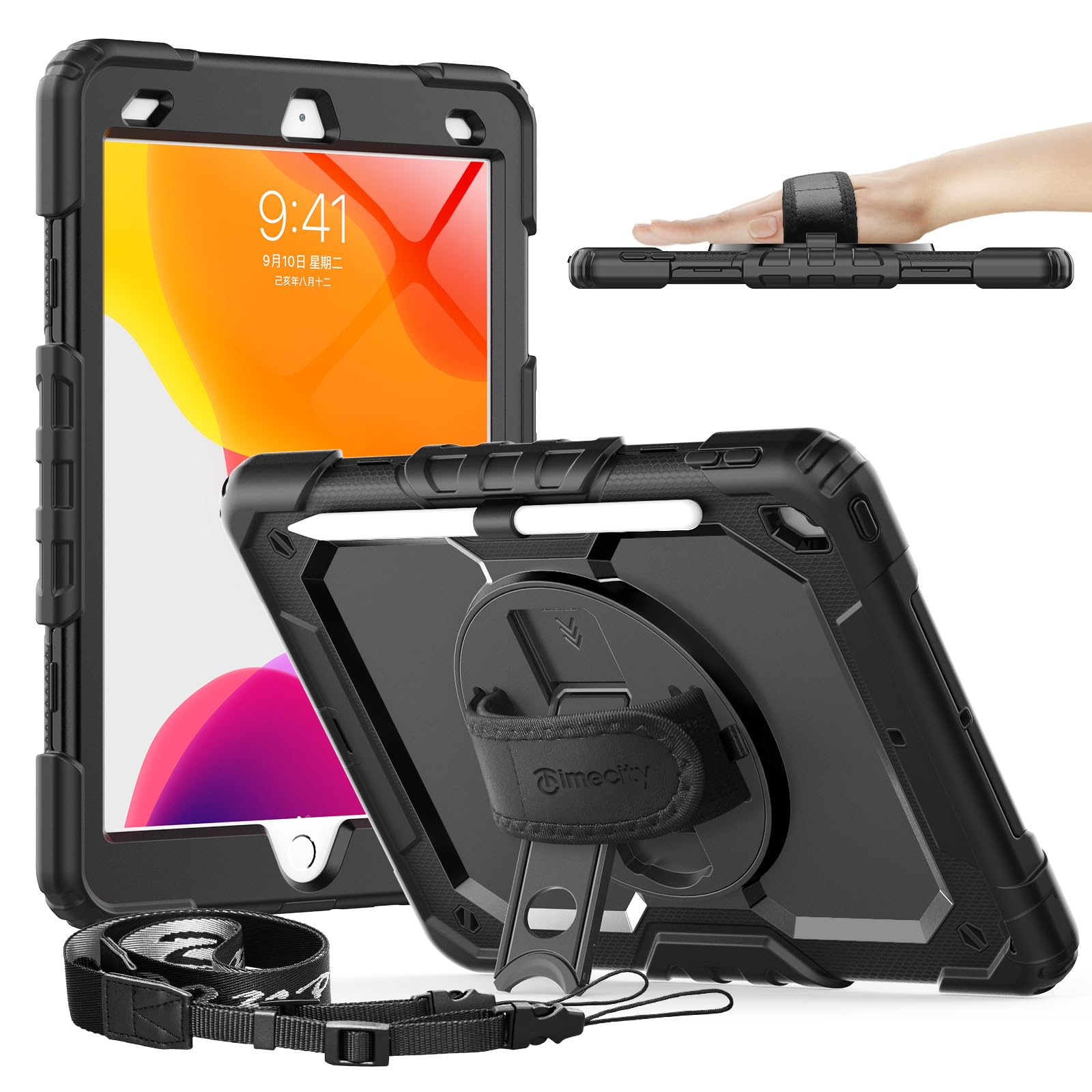 Timecity Case for iPad 9th/ 8th/ 7th Generation 10.2 inch - Heavy Duty Protective Cover with Screen Protector, Rotating Stand, Shoulder Strap & Pencil Holder | Kids-Friendly (Black)