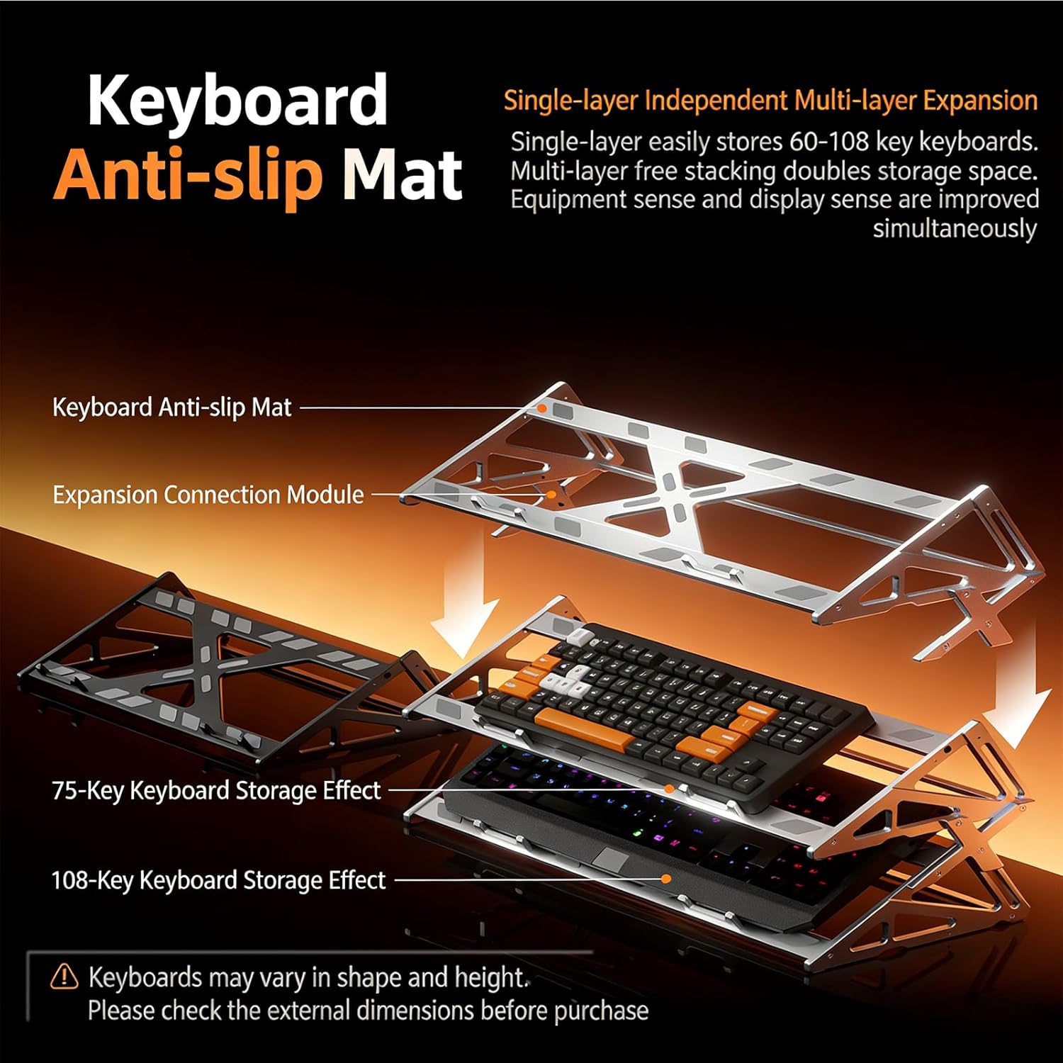 Stackable Mechanical Keyboard Display Rack, Aluminum Alloy Keyboard Stand, 40kg Load Capacity, with Anti-Slip Mat, DIY Assembly, for 60/65/75/85/104/108 Key Keyboards
