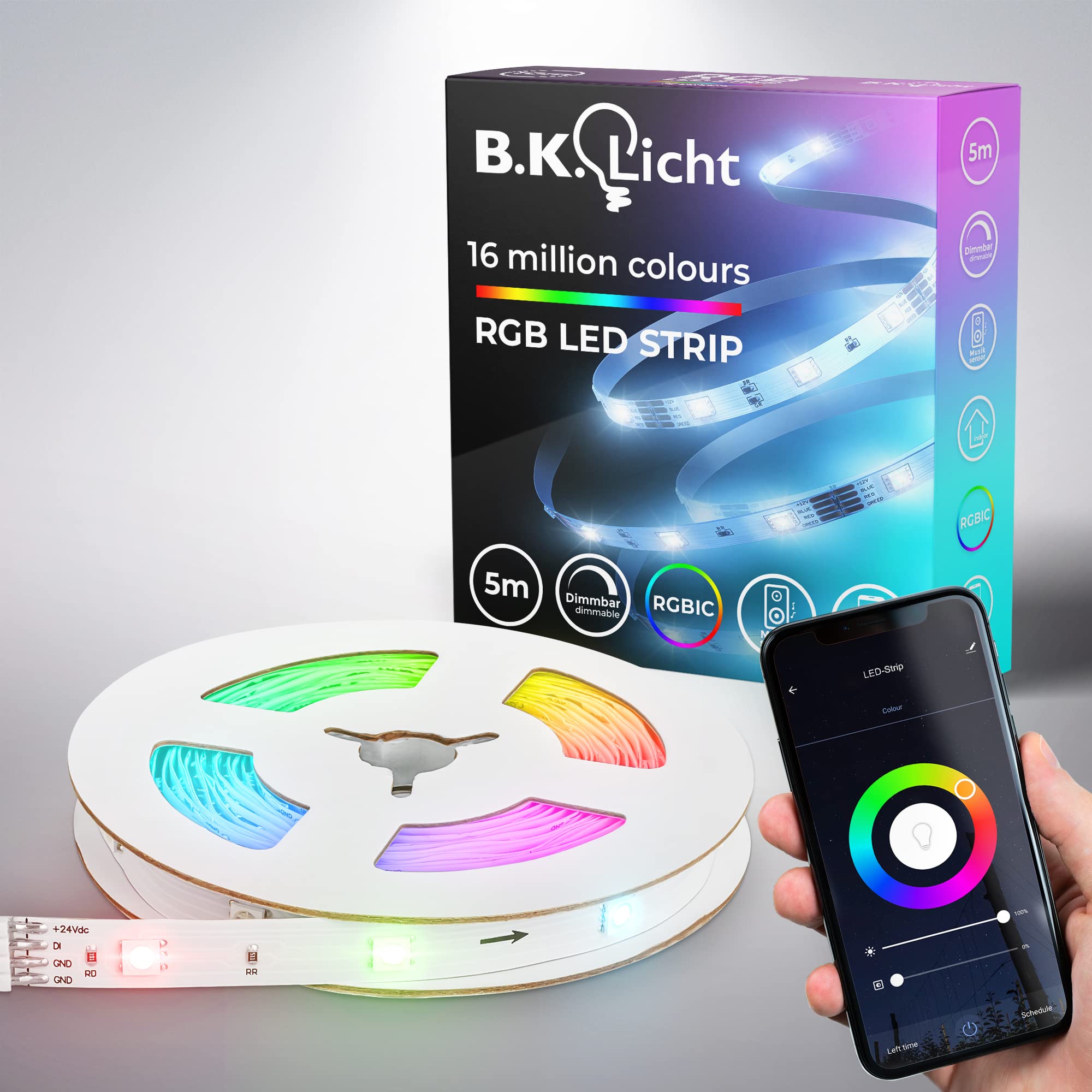 B.K.Licht I Wifi RGBIC LED Strip 5 m I App Steuerung I Musiksensor I Lichtleiste I LED Lauflicht I RGBIC LED Streifen I kompatibel mit Alexa I Smartes LED Band I selbstklebend