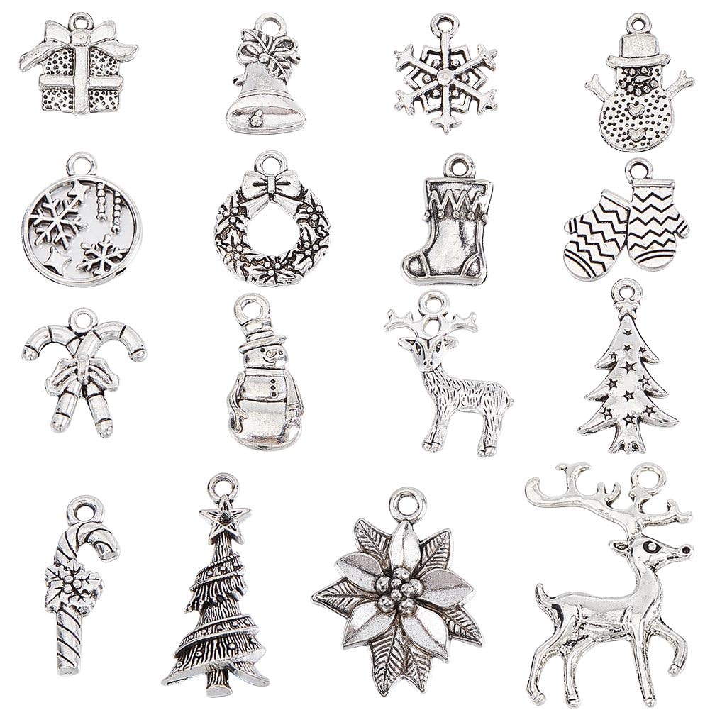 SUNNYCLUE 1 BOX 96PCS 16 Style Christmas Charms Bulk Winter Charm Tibetan Alloy Silver Christmas Tree Xmas Gift Candy Snowman Deer Snowflake Charm for jewellery Making Charms Necklace Bracelet Earring