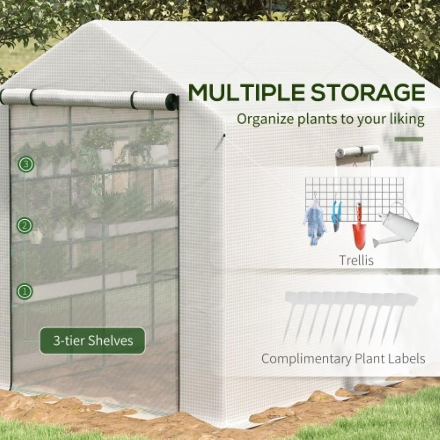 8' X 6' X 7'Courtyard Farm Greenhouse,Planting Shed,Walk-in Tunnel Greenhouse,with Mesh Doors and Windows, 18-layer Greenhouse Rack, with Trellis, Plant Labels, Suitable for Plants,vegetables, White
