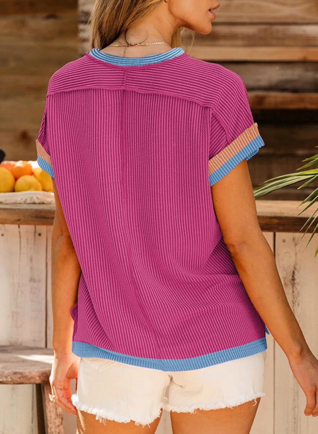 Acelitt Women Casual Summer Tops Short Sleeve Shirts Crewneck Loose Color Block Ribbed T Shirt Tees, S-XXL - Image 2