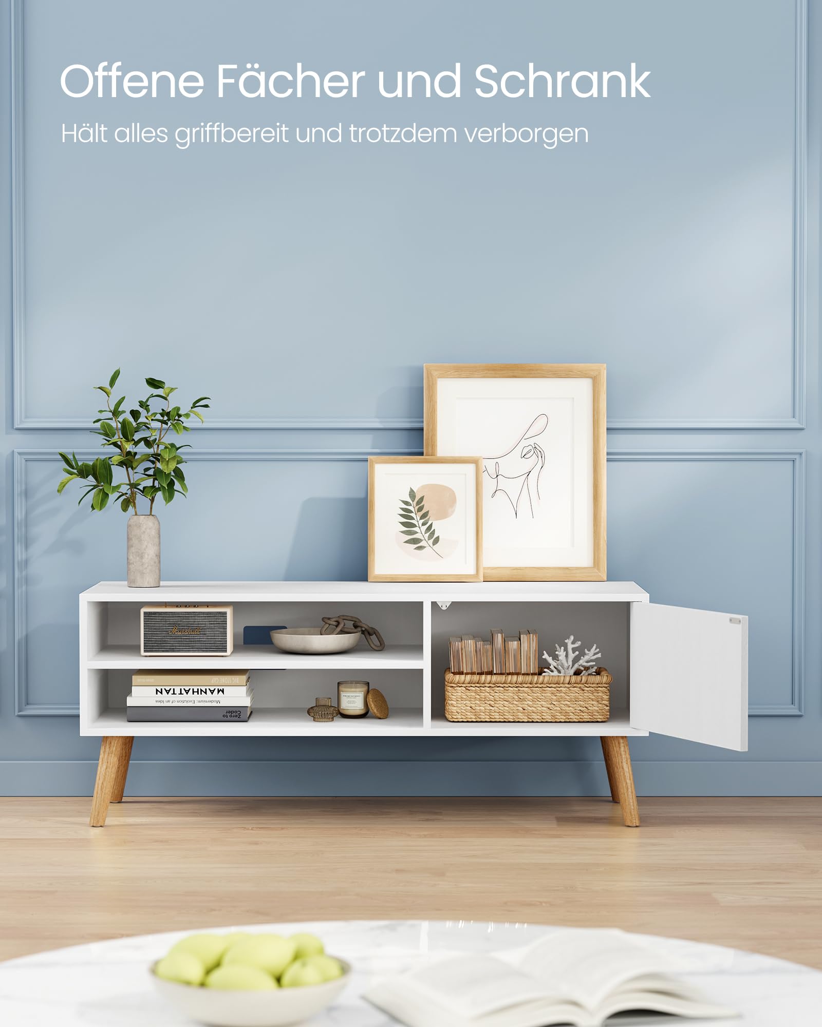 VASAGLE TV-Schrank, Lowboard, Fernsehschrank für Fernseher bis zu 55 Zoll, 120 cm lang, Fernsehtisch, für Wohnzimmer, modern, Weiß LTV120T46