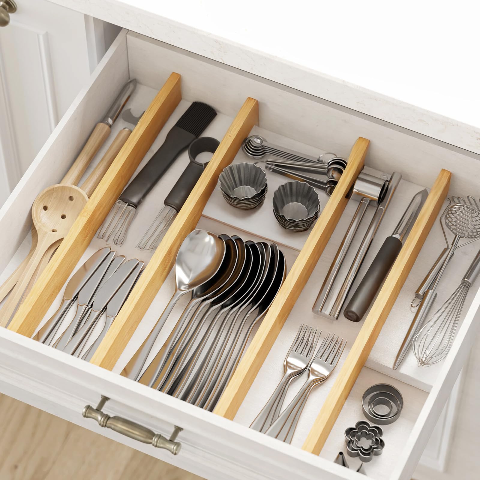 4 Stück Schubladenteiler aus Bambus, 43 - 56 cm, verstellbare Schubladen-Organizer, erweiterbare Schubladentrenner