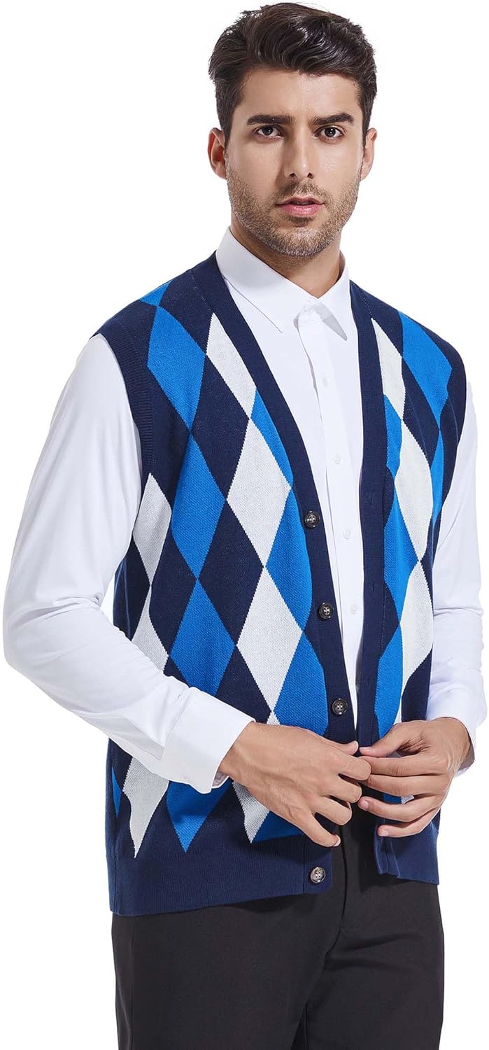 Beotyshow Mens Argyle Sweater Vests V Neck Sleeveless Cardigan Vest Knitwear - Image 3