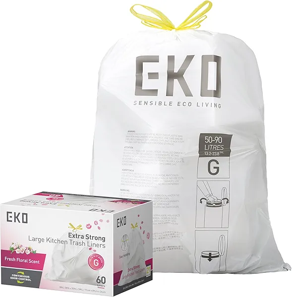 EKO 21 Gallon / 50-90 Liter, 60 Count Drawstring Trash Bags, Extra-Strong Garbage Bags, Fresh Floral Scent with Continuous Odor Control, Easy-Dispense Roll for Kitchen and Household Use, Code G, White