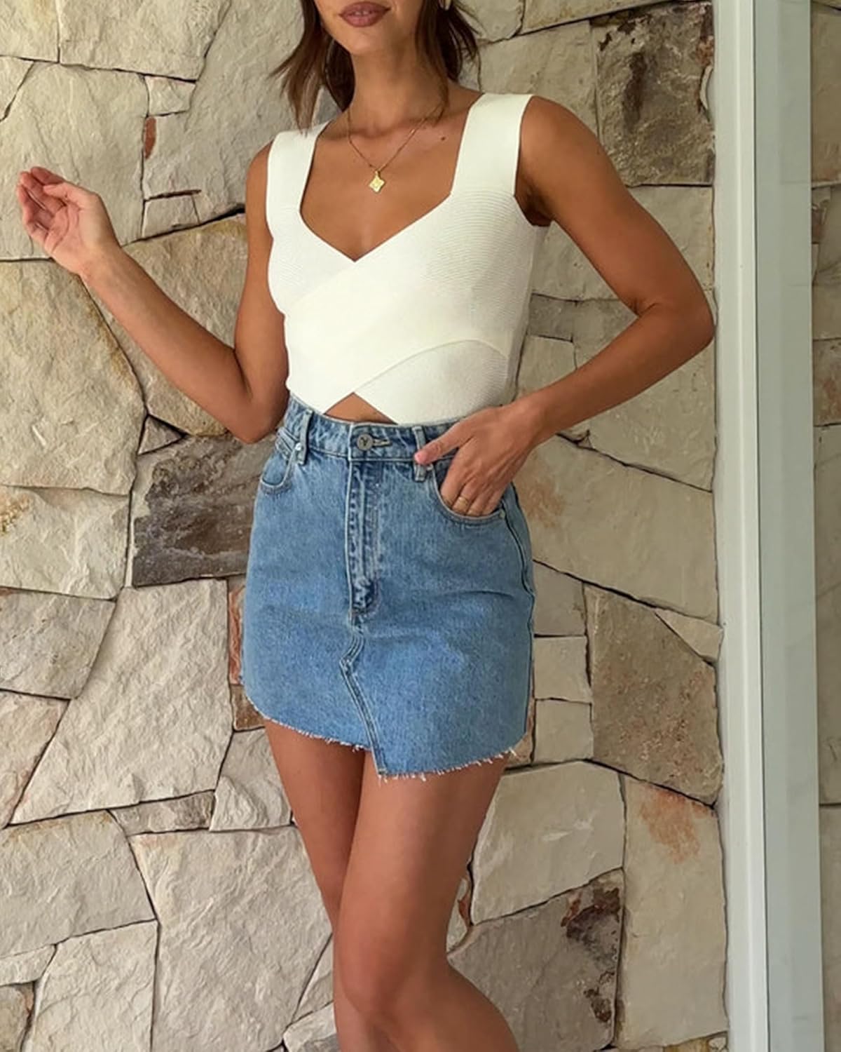 Fashionme Women's 2025 Trendy Vneck Wrap Crop Tops Criss Cross Wide Straps Knit Tank Tops Slim Fit Cami Shirts - Image 2