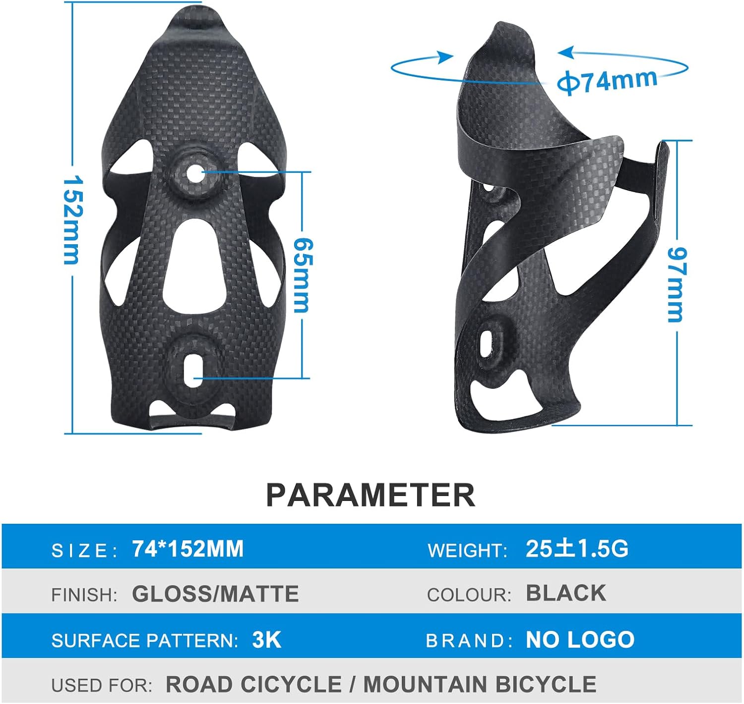 Bike Water Bottle Holder, 2 Pack Full Carbon Fiber Bicycle Drink Water Bottle Cages Brackets for Mountain Bike MTB Road Bike, Bike Accessories, Ultra Light, Gloss Black
