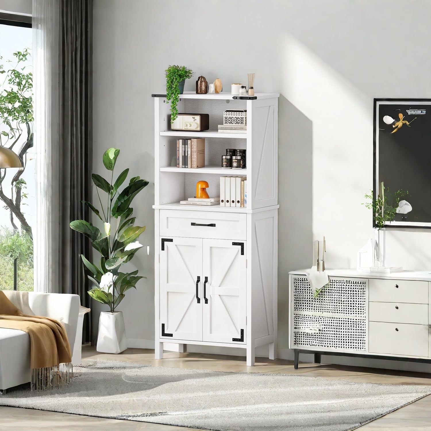 YITAHOME 5 Tier Bookcase, Bookshelf with Doors, Book Shelf w/Cabinet and Drawer, Office Bookshelf with Storage Books Holder Organizer for Living Room/Bedroom/Home, White