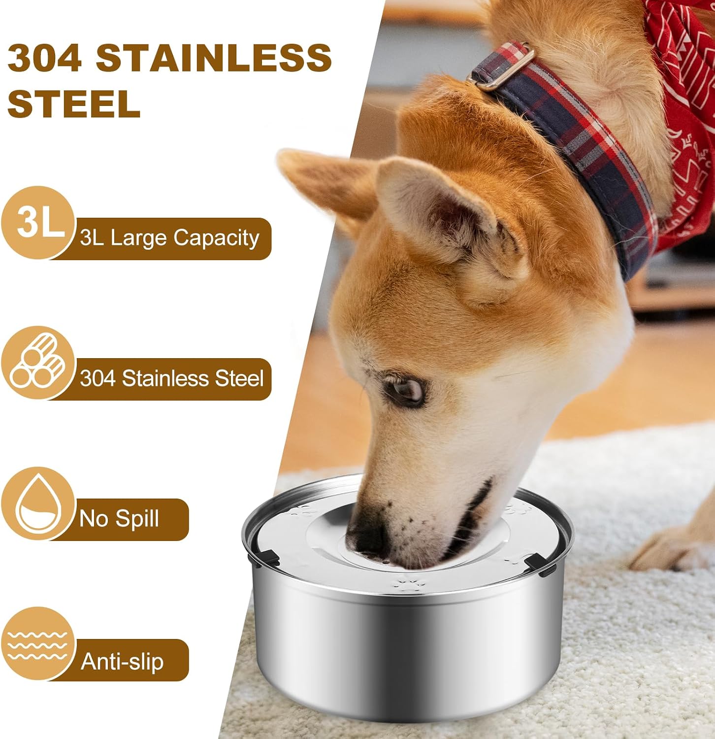 3L/101oz Dog Water Bowl No Spill, No Spill Water Bowl for Dogs|Spill Proof, Stainless Steel Slobber Stopper for Messy Drinkers, Small Medium & Large Dogs