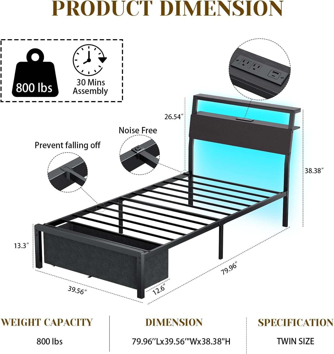 Twin Bed Frame with Headboard, Small Bed Frame with Drawers & Storage, Twin Bed Frames for Kids/Teenagers, Bed Frame Twin with LED Lights/Charging Station, Noise-Free/Assembly Easily, Black Oak