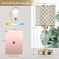 Vista 3 de Lámpara de mesa de cristal GyroVu para dormitorio, lámpara de mesita de control táctil con puertos USB-C+A, lámpara de noche regulable dorada