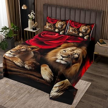 Erosebridal Lion Bedding Set Twin Size, Africa Wildlife Quilted for Kids Teens Adult, Red Rose Flower Pattern Coverlet Set, Animal Theme Bedspread, Soft Luxury Microfiber, Black Brown